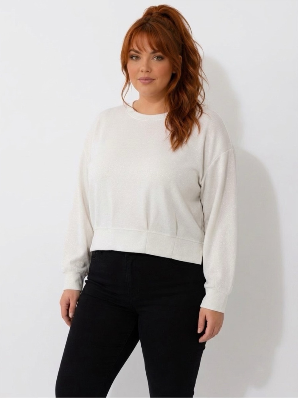 Badgley Mischka White Sparkle Crewneck Top
